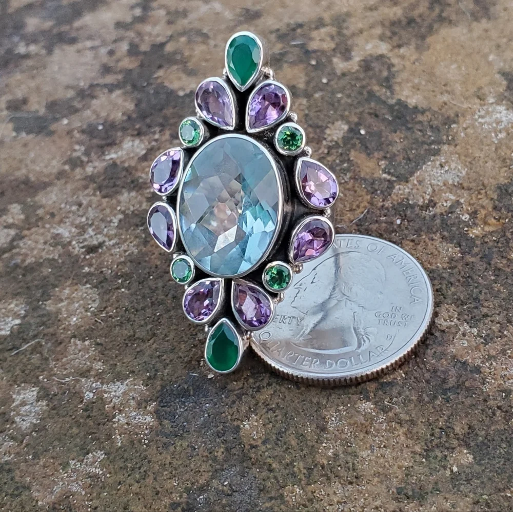 Nicky Butler Aqua Quartz Amethyst Chalcedony 925 Sterling Silver Size 10.5 Ring